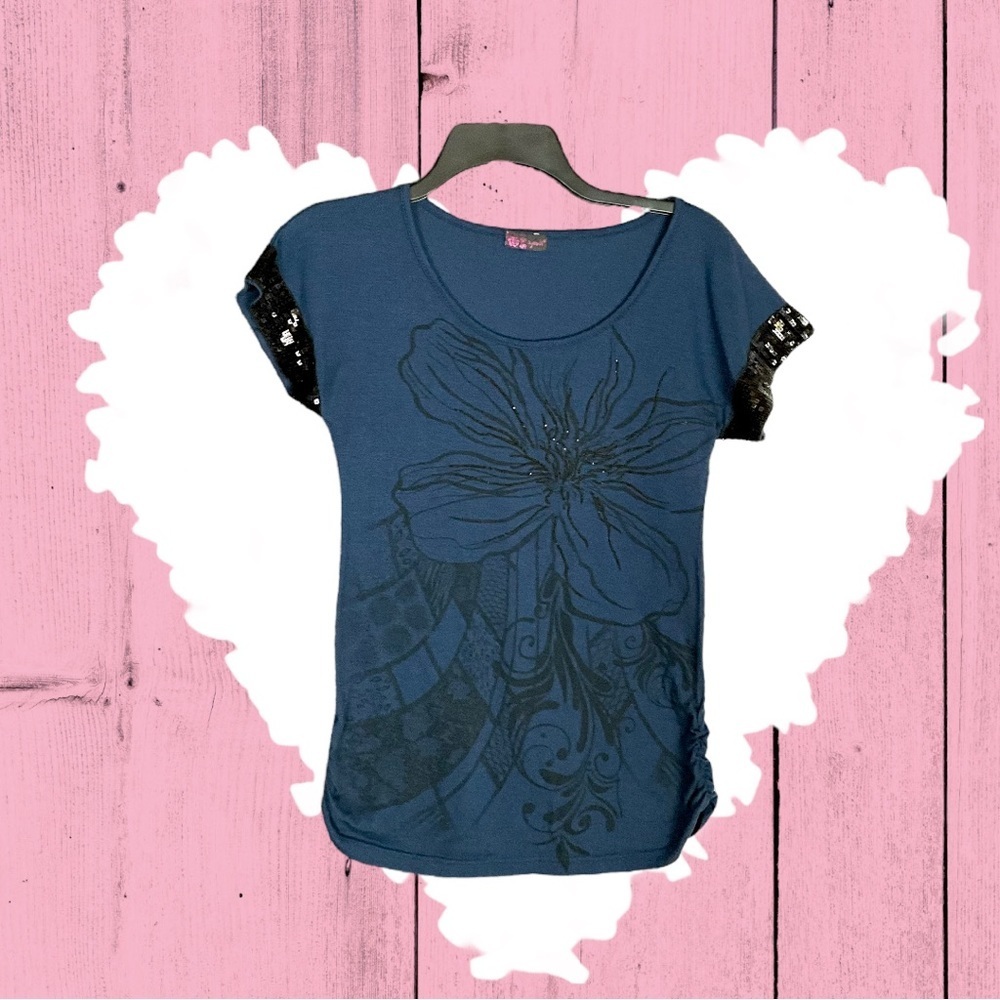 Agenda Navy Top w Black Beaded Flower & Sequins on Sleeves Women XS or S